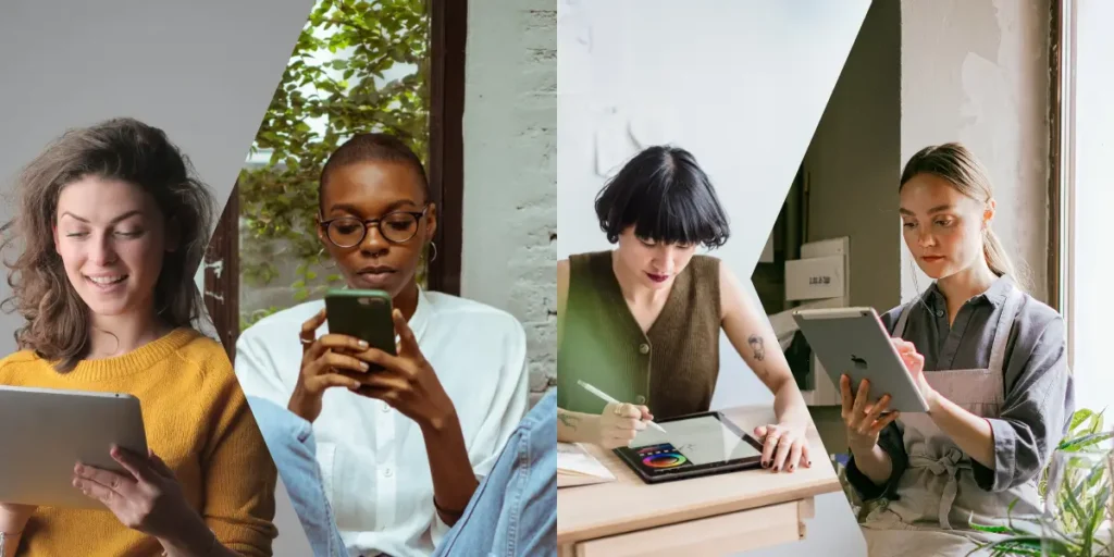 Mujeres opinando usando diferentes dispositivos